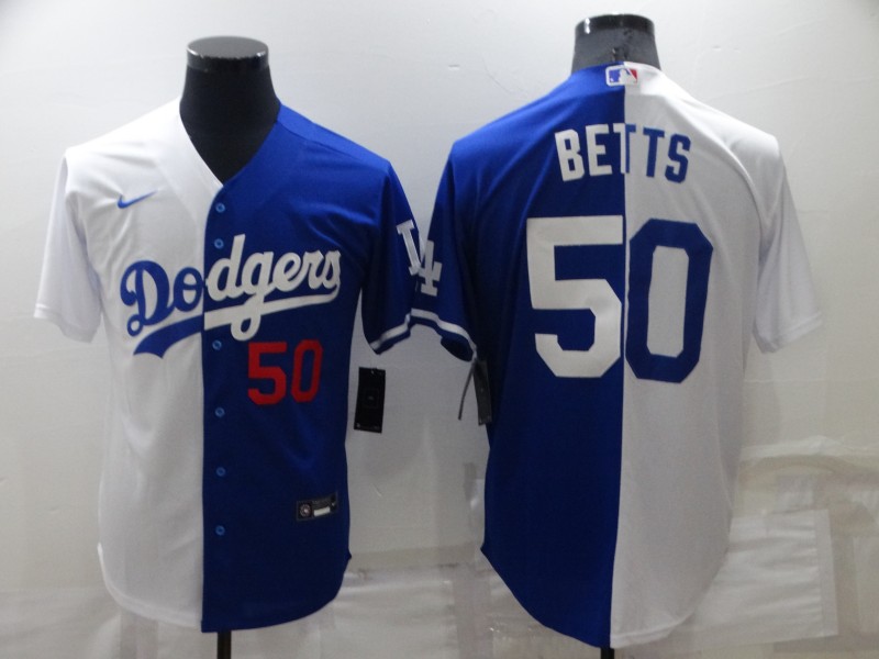 Men's White/Blue Los Angeles Dodgers #50 Mookie Betts Split Cool Base Stitched Baseball Jersey